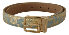 Women's Blue Leather Jacquard Embossed Gold Metal Buckle Belt Light Canvas