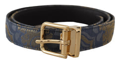 Women's Navy Blue Jacquard Gold Tone Logo Metal Buckle Belt Leather