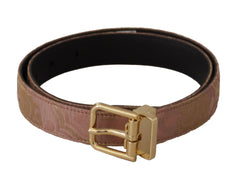 Women's Rose Gold Leather Logo Engraved Metal Buckle Belt Pink
