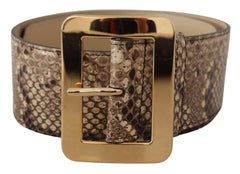 Women's Brown Exotic Wide Waist Leather Gold Metal Buckle Belt Python