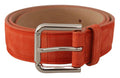 Women's Orange Leather Suede Silver Logo Metal Buckle Belt