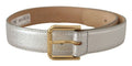 Women's Silver Leather Gold Tone Logo Metal Waist Buckle Belt