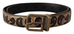 Women's Brown Leather Leopard Print Bronze Metal Buckle Belt