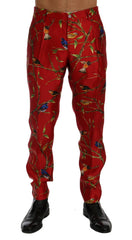 Men's Red Silk Bird Print Dress Pants