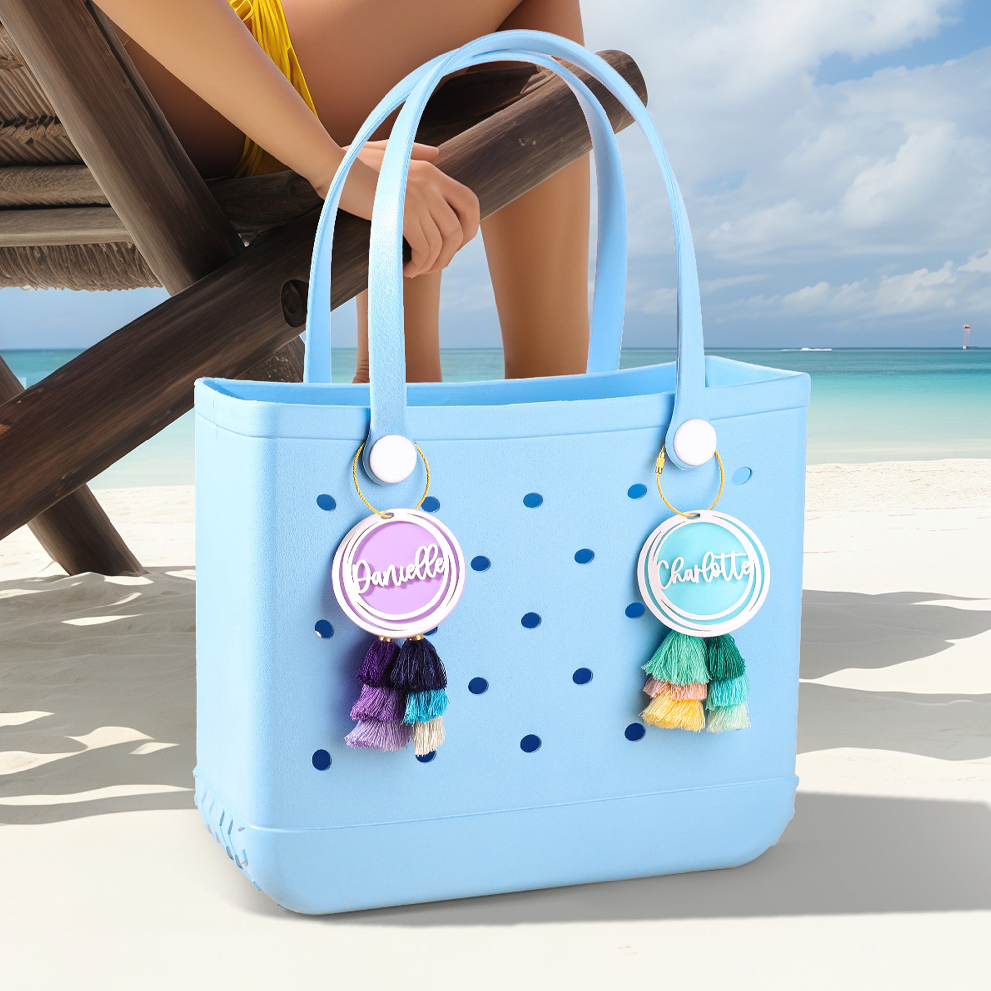 Personalizado Multicolor Círculo Superpuesto Acrílico Bolsa Dije con Nombre y Borla Fiesta en la Playa Regalo de Cumpleaños para un Amigo de la Familia