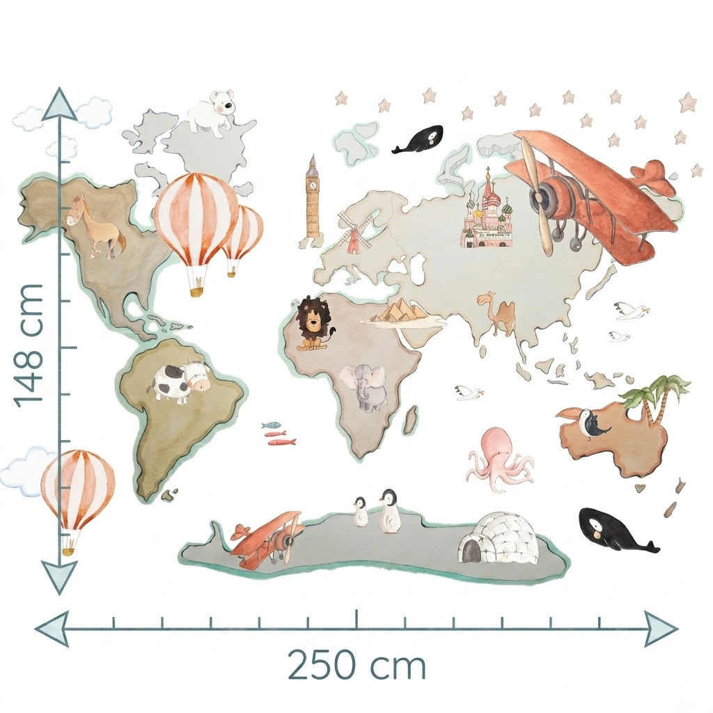 Vinilo Decorativo Infantil Mapa Mundi XL GLOBOS 220x180cm