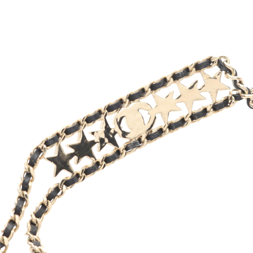Gold Plated Leather Woven CC Rhinestone Star Choker Necklace