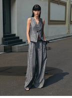 Old Money Space Linen draped vest and straight trousers suit