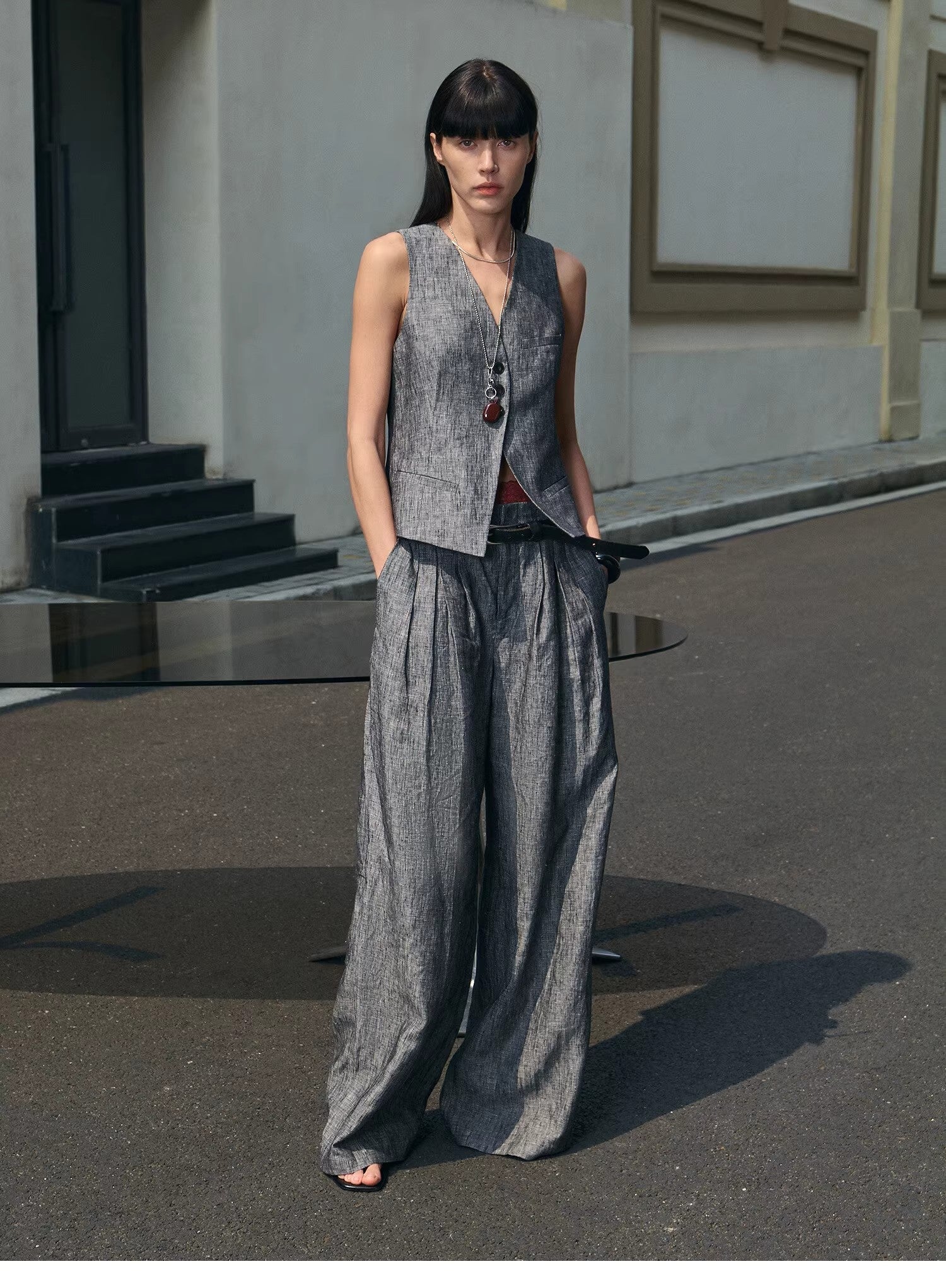 Old Money Space Linen draped vest and straight trousers suit