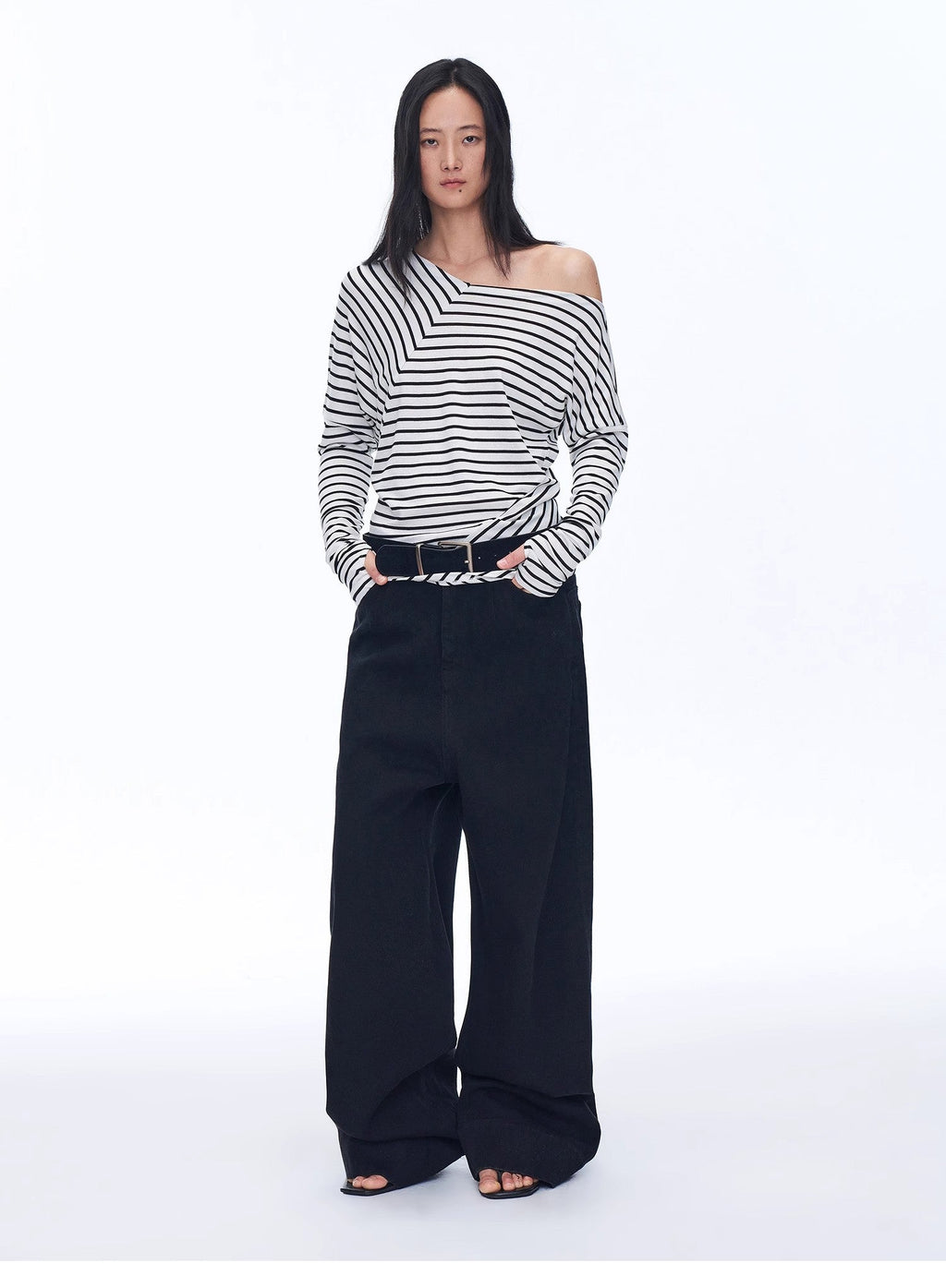 Picasso Lines fashionable off-shoulder Lyocell Tencel wool blended draped patchwork striped T-shirt