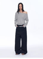 Picasso Lines fashionable off-shoulder Lyocell Tencel wool blended draped patchwork striped T-shirt