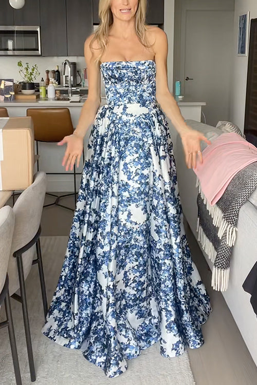 Strapless Back Lace-up Print Maxi Party Dress