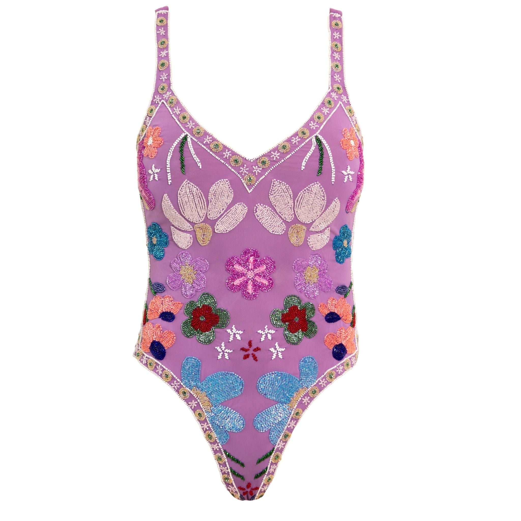 Flower Hand-Beaded Embellished One-Piece Swimsuit | Purple