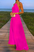 Chain Halter Open Back Maxi Swing Dress