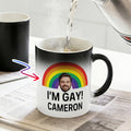 Taza de café de cerámica termocrómica de 12 oz con nombre Divertido Rude I'm Gay Rainbow Face Photo Regalo de cumpleaños del mes del orgullo para los hombres homosexuales