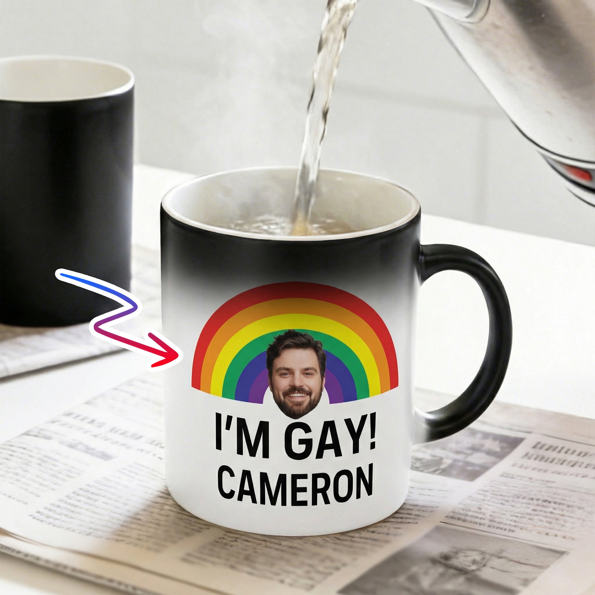 Taza de café de cerámica termocrómica de 12 oz con nombre Divertido Rude I'm Gay Rainbow Face Photo Regalo de cumpleaños del mes del orgullo para los hombres homosexuales