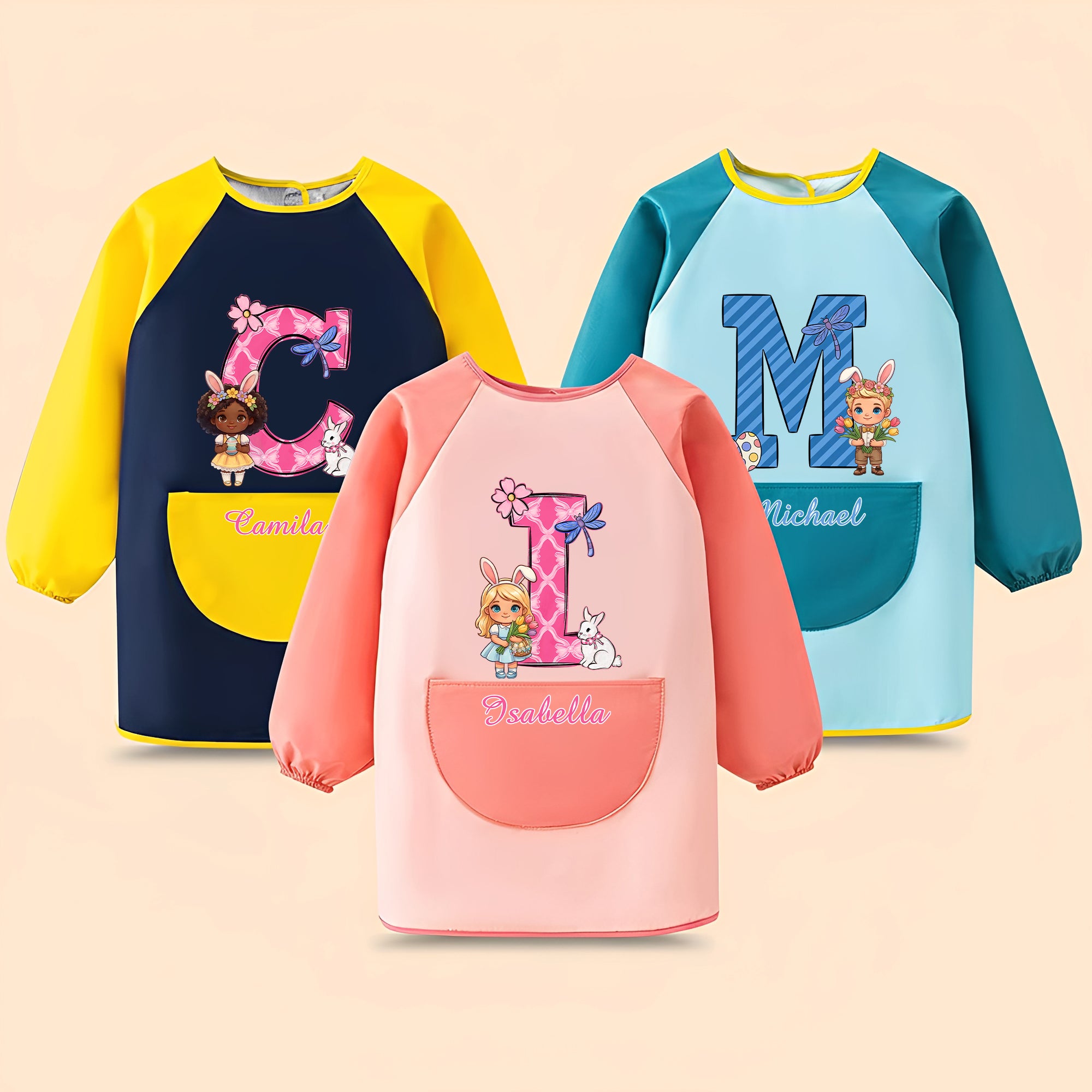 Personalizar orejas de conejo de dibujos animados Impermeable Pintar Hornear Delantal de manga larga con nombre inicial y bolsillo Pascua Regalo para niño