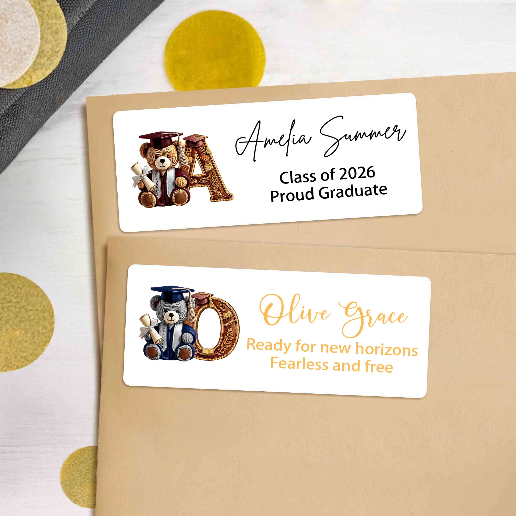 Gorro de Graduación Personalizado Oso Inicial Impermeable Etiquetas Adhesivas con Nombre y Texto DIY Decoración Fiesta de Graduación Favor para Graduados