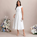 Bridal Wedding Dress White Cap Sleeve Short Boat Neck A-line Jacquard