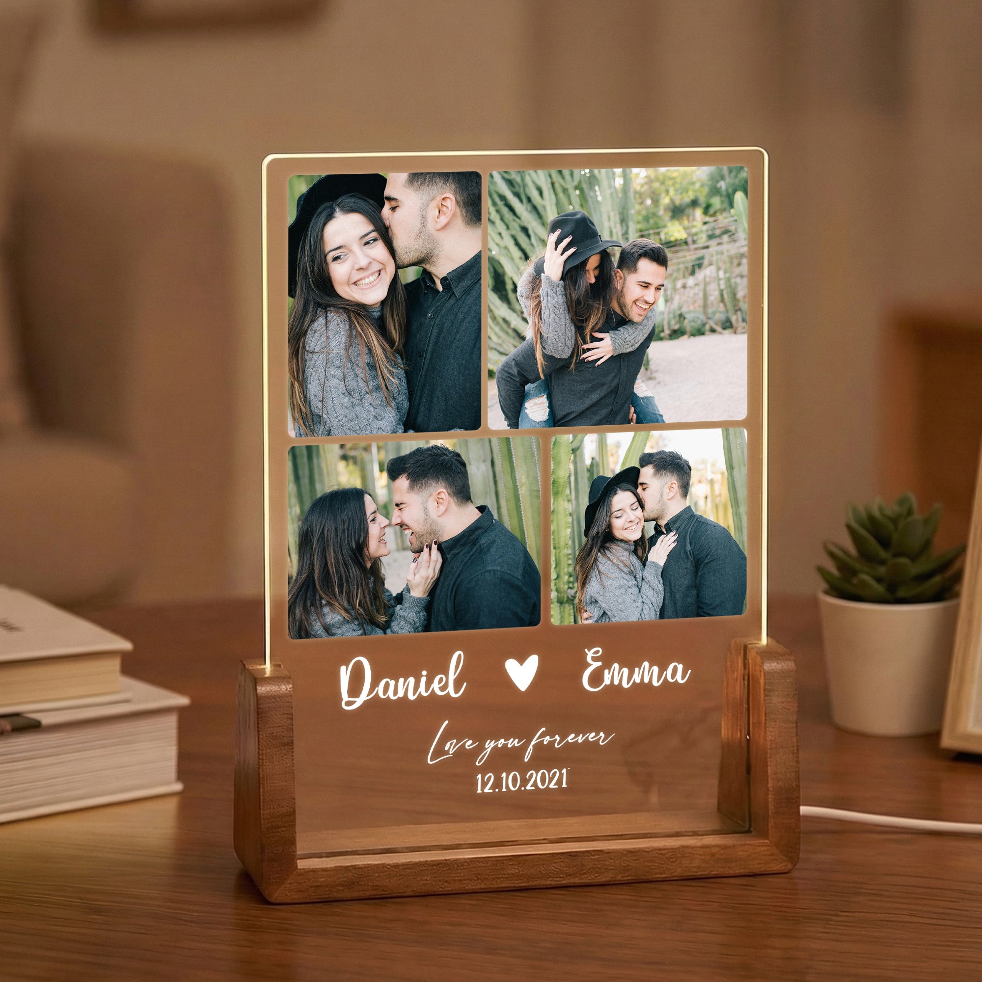 Collage de Fotos Personalizadas Luz de Noche LED Acrílica con Nombres y Base de Madera Decoración de Hogar Aniversario de Boda Regalo de Cumpleaños para Pareja