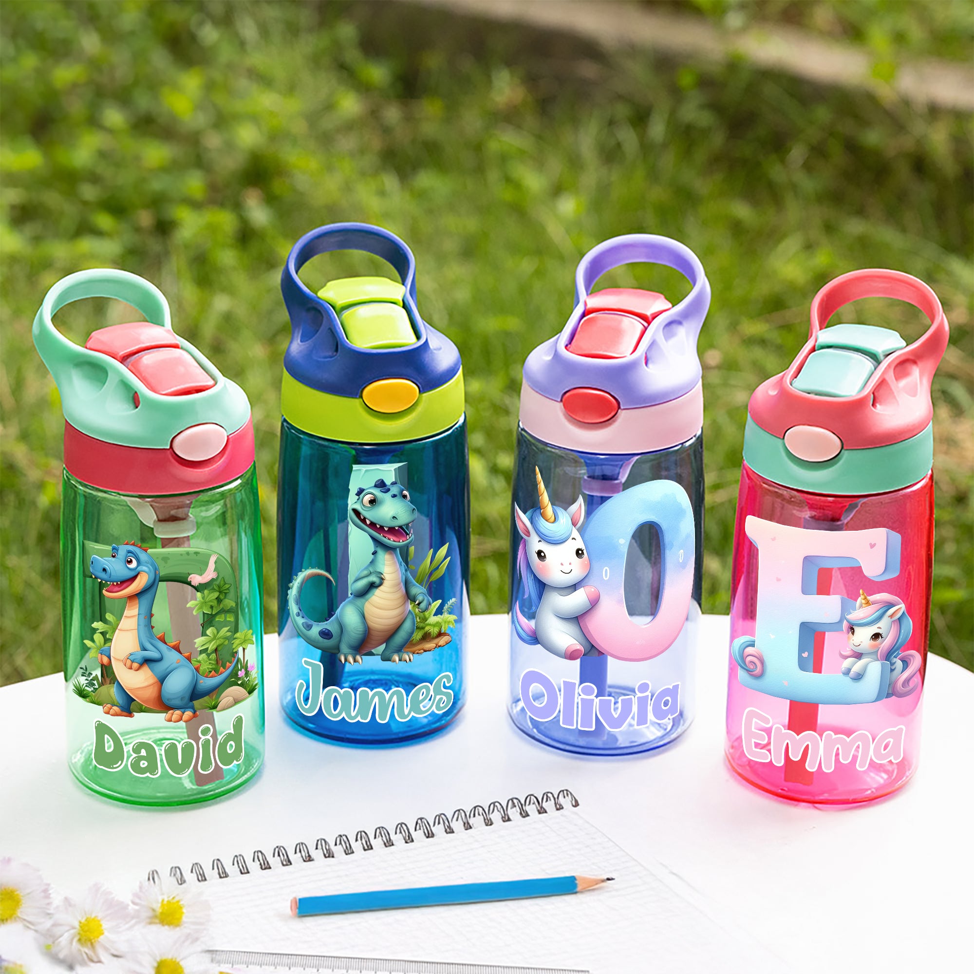 Botella de agua para niños de 16 oz con nombre y pajita de silicona Personalizada Fantasía Unicornio Dinosaurio Iniciales Cumpleaños Vuelta al cole Regalo para niños Niñas