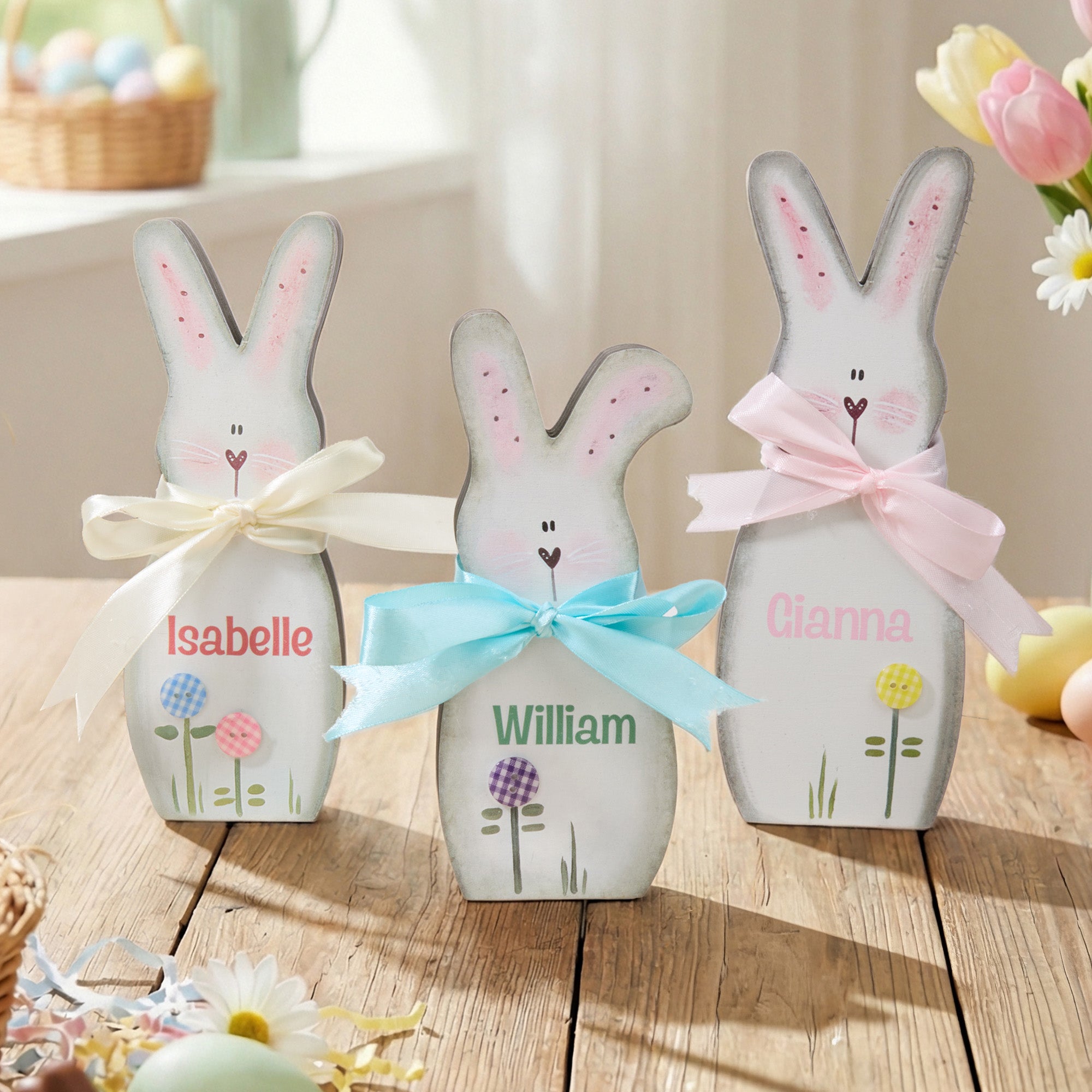 Conejito de Pascua Personalizado Adorno de Madera con Nombre Decoración de Mesa Fiesta de Pascua Regalo para la Familia Niños