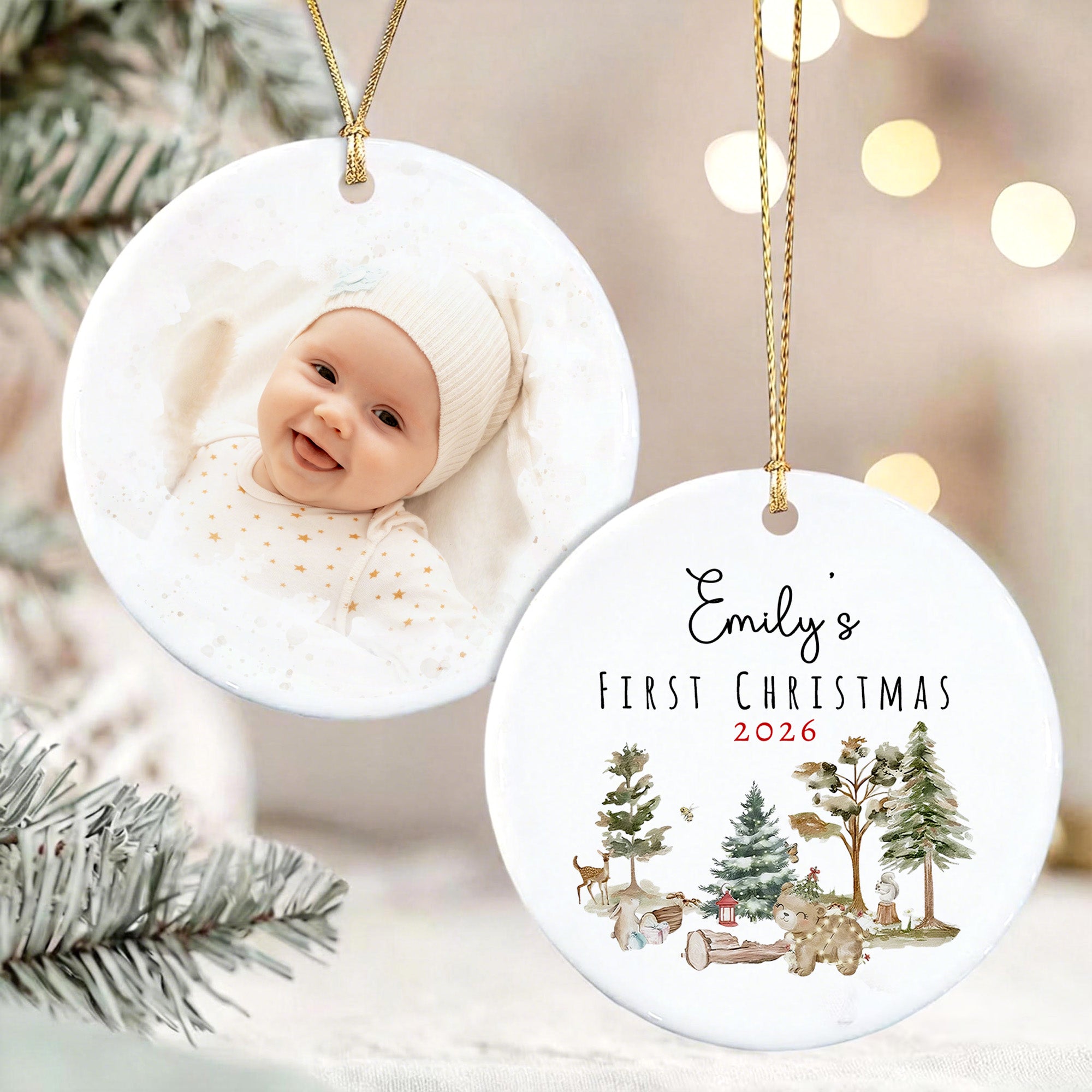 Adorno de cerámica personalizado con foto de bebé de animales del bosque con nombre y año Decoración del hogar Primer regalo de Navidad para recién nacidos