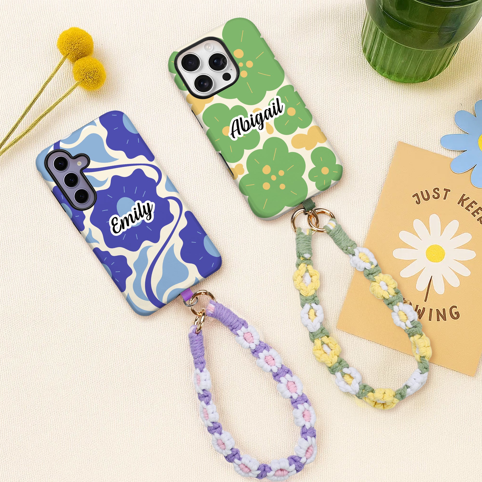 Funda de teléfono de doble capa con nombre y estampado floral abstracto personalizado para iPhone o Samsung con correa para la muñeca y para el hombro Regalo de cumpleaños para mujer