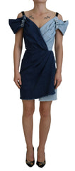 Women's Two Tone Blue Patchwork Denim Mini Dress Cotton Elastane