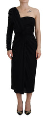Women's Black Wrap Sheath One Shoulder Wool Dress