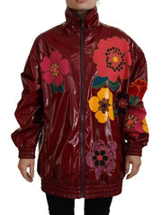 Maroon Floral Full Zip Polyester Women Jacket Polyurethane Clothing