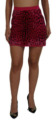 Women's Pink Leopard High Waist A-Line Mini Skirt Virgin Wool Viscose Polyester