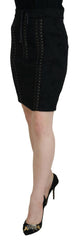 Women's Black Brocade Mini Above Knee Pencil Skirt Silk