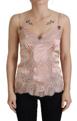 Women's Pink Satin Lace Roses Tank Top Lingerie Cotton