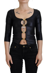 Women's Black Cotton Stretch Open Chest 3-4 Sleeve Top