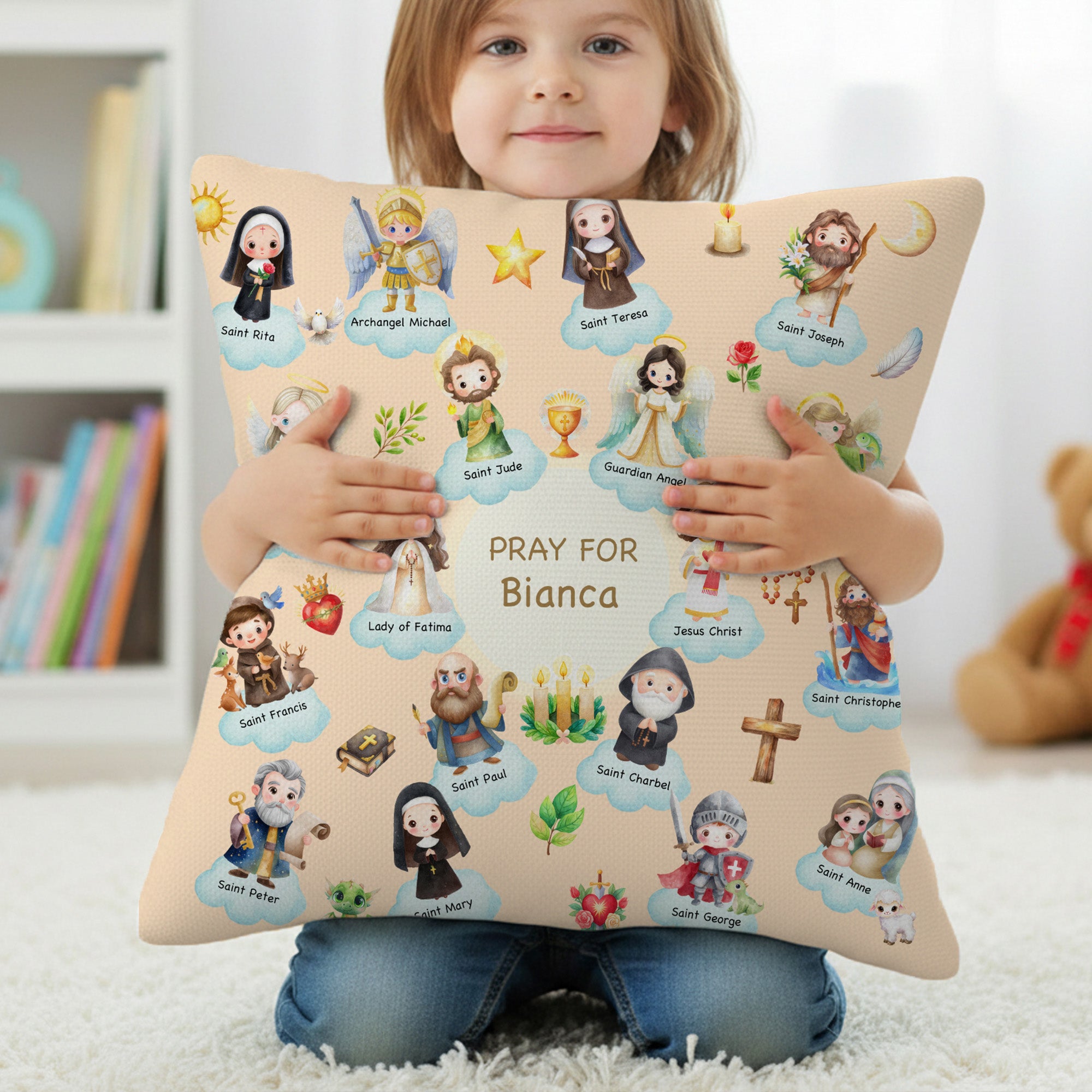Funda Almohada Personalizada Santos del Cielo de Dibujos Animados con Nombre Decoración del Hogar Cumpleaños Bautizo Regalo para Niños Cristianos