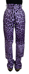 Women's Purple Leopard Print High Waist Pants Cotton Elastane