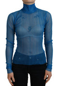 Women's Blue Mesh Turtleneck Long Sleeve Blouse Top Polyester