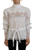 Women's White Cotton Lace Trim Turtle Neck Blouse Top