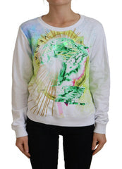 Women's White Graphic Print Long Sleeves Sweater Cotton Clothing