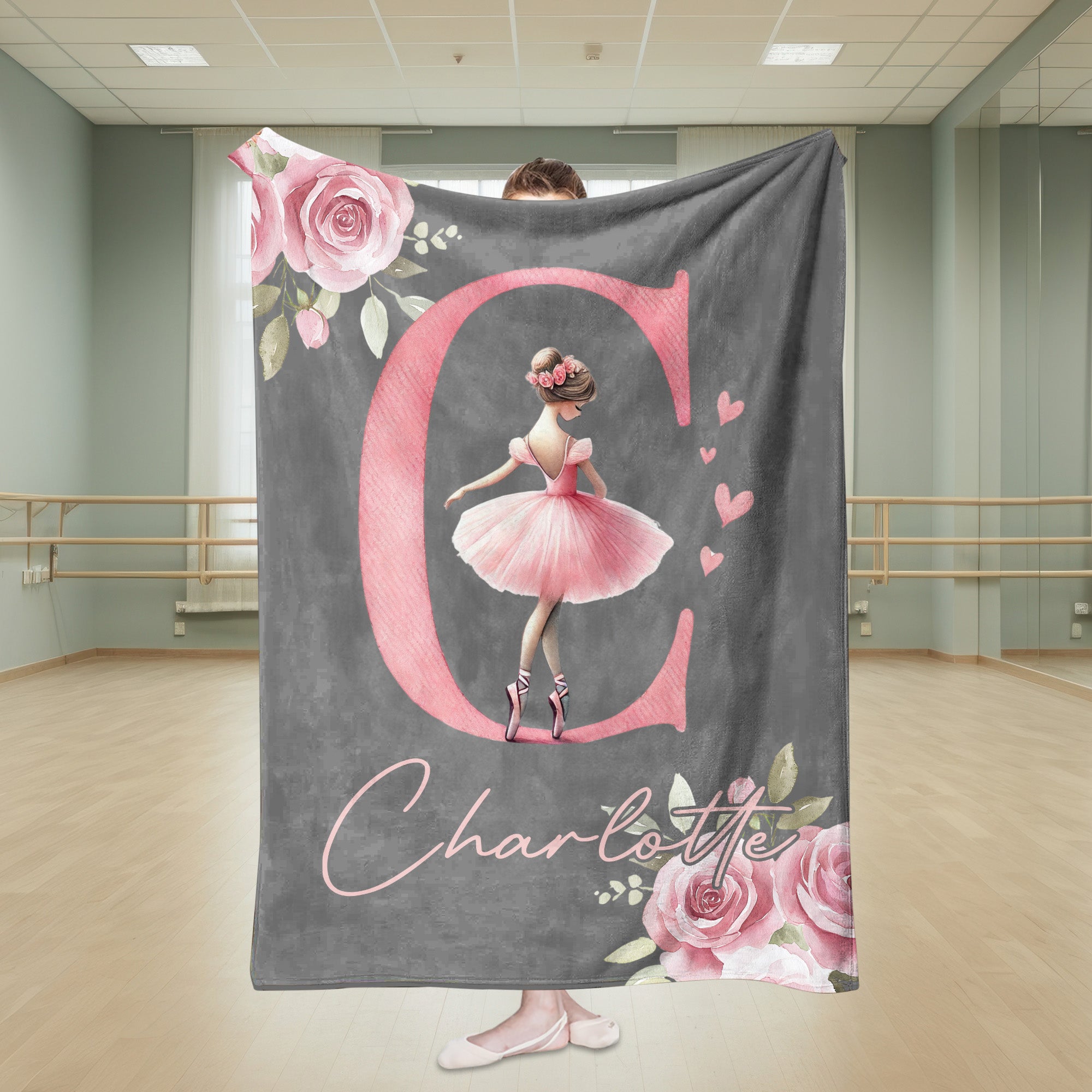 Manta blanda personalizada con iniciales y nombre de una bailarina rosa de dibujos animados para decoración del hogar Regalo de cumpleaños para amantes del ballet