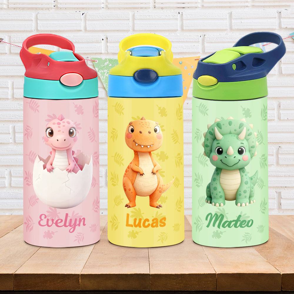 Botella de agua para niños de 12 oz personalizada con nombre Dinosaurio de dibujos animados multicolor Regalo de Navidad para niños Niñas