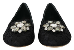Women's Black Taormina Lace Crystals Flats Shoes Cotton