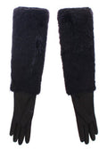 Women's Black Beaver Fur Lambskin Leather Elbow Gloves