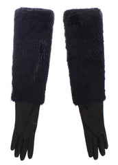 Women's Black Beaver Fur Lambskin Leather Elbow Gloves