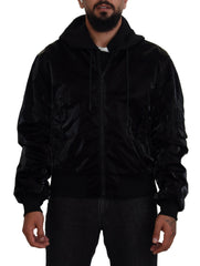 Men's Black Nylon Hooded Full Zip Bomber Jacket Cotton Polyester Clothing