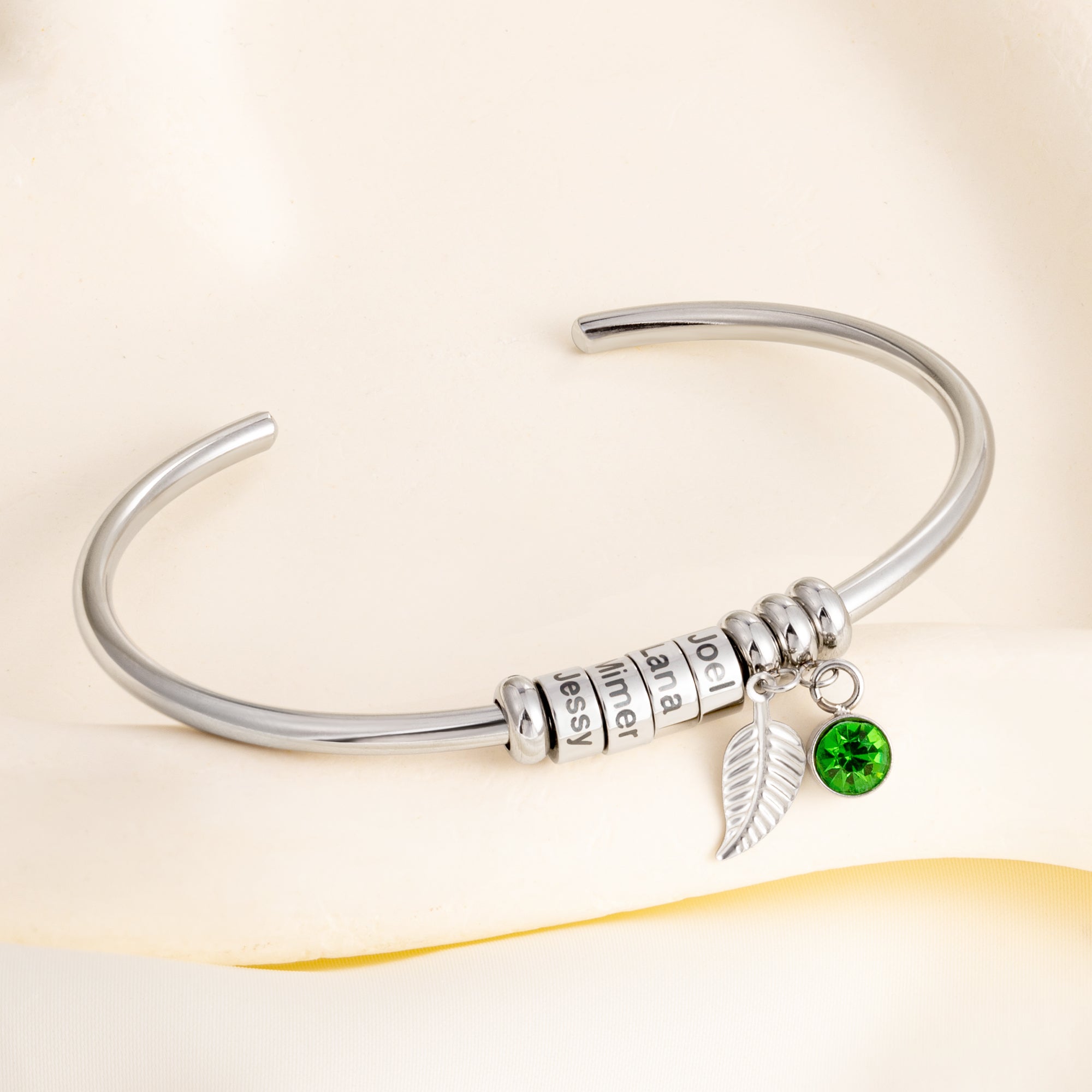 Personalizada piedra de nacimiento de la hoja abierta pulsera brazalete con el nombre grabado 1-10 cuentas Joyería delicada Día de la Madre Cumpleaños de regalo para las mujeres