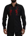 Black Floral Embroidery Men Long Sleeves Gold Shirt Cotton