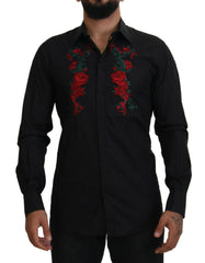Black Floral Embroidery Men Long Sleeves Gold Shirt Cotton