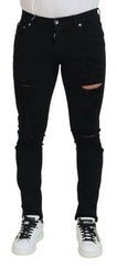 Men's Black Slim Fit Tattered Denim Cotton Jeans Clothing